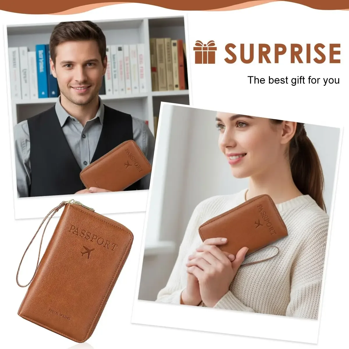 portefeuille de voyage pour femme, étui de passeport en pu anti-rfid pour homme avec dragonne, plusieurs emplacements pour cartes et fenêtre d'identification