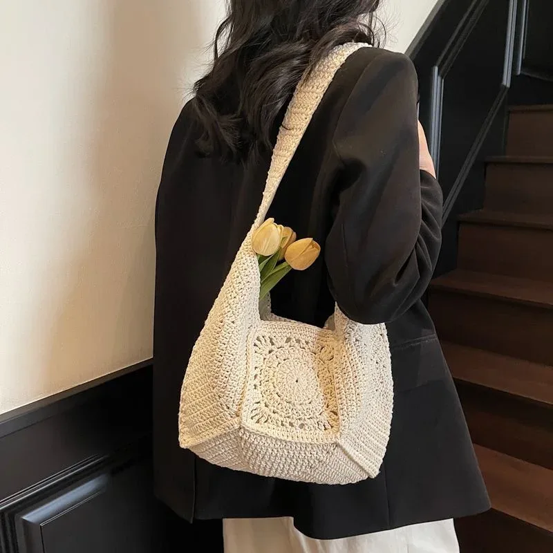 Sac fourre-tout tendance rétro en coton tricoté à la main, nouveau style, sac à bandoulière souple pour femme, sac de shopping