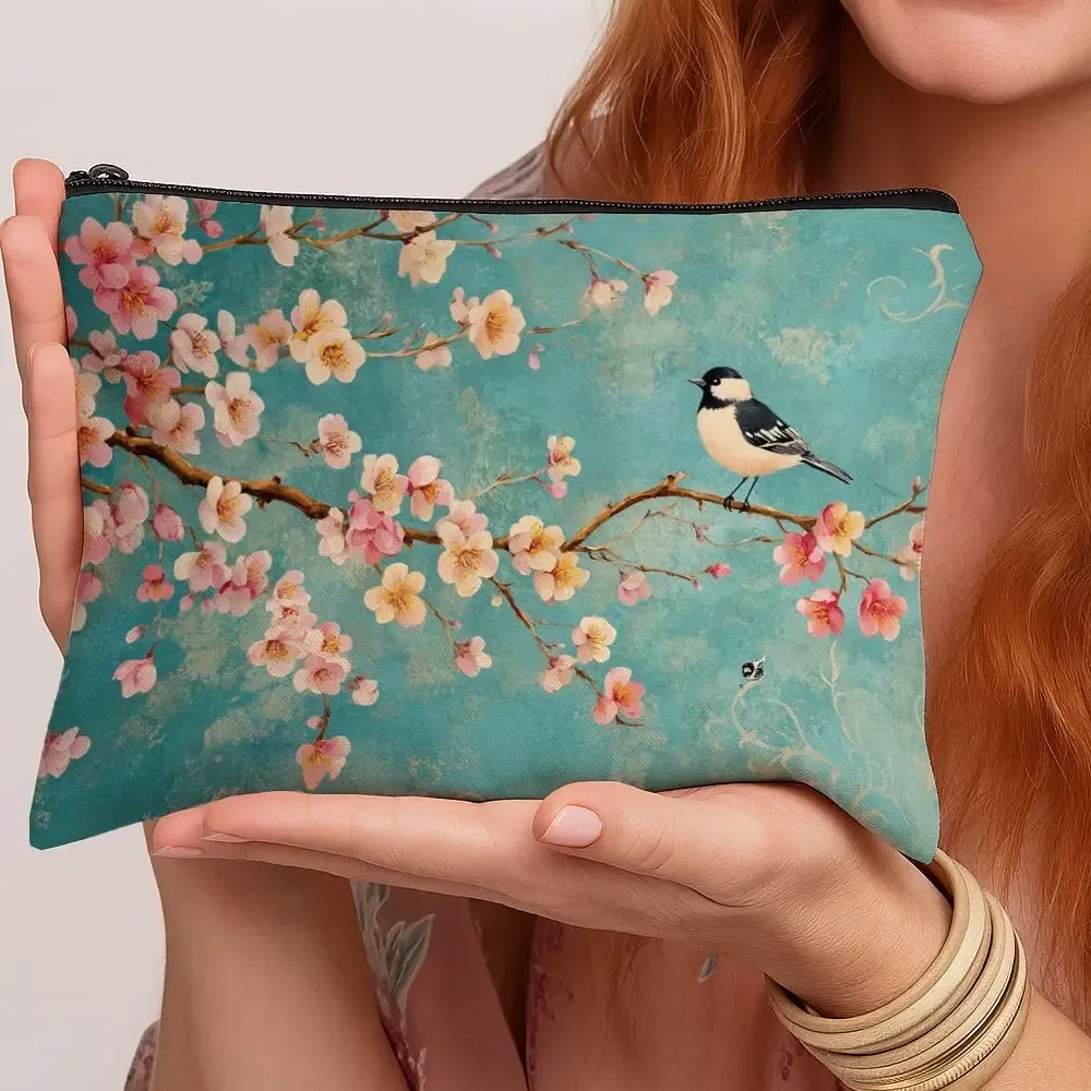 trousse de maquillage à motif floral, imprimé botanique vintage, oiseau, fleur de cerisier, trousse de toilette portable, pochette de rangement chic et pratique pour femmes