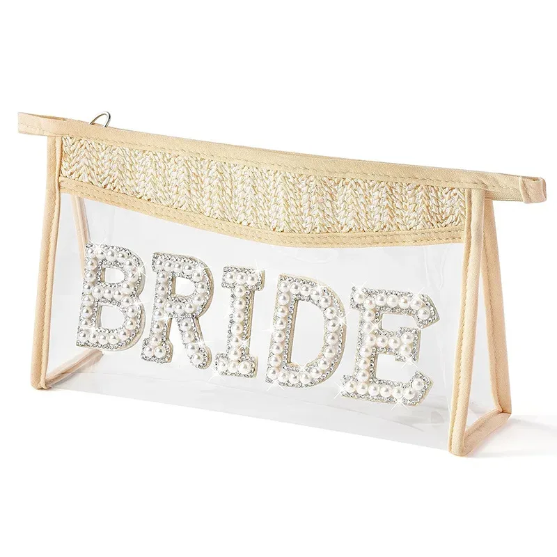 trousse de maquillage transparente pour la mariée, sac cosmétique de fiançailles, cadeaux de douche pour patients, patchs de lettres en biscuits scintillants, voyage en pvc étanche