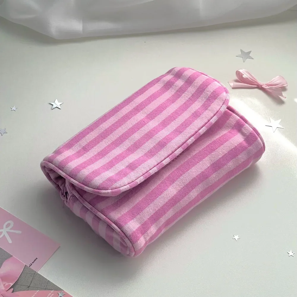 sac cosmétique portable en toile à pois, rayures roses, grande capacité, sac pour petits objets, multifonctionnel avec miroir de maquillage, organisateur de voyage