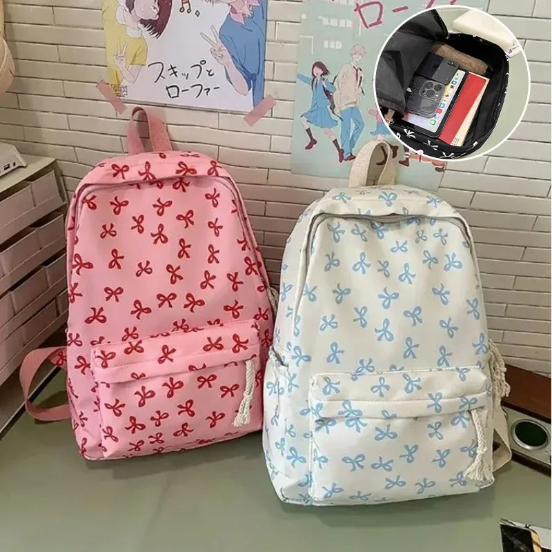 Sac à dos tendance et mignon à imprimé nœud pour l'école avec protection pour ordinateur portable, bretelles réglables, cadeau idéal pour la rentrée scolaire pour les filles