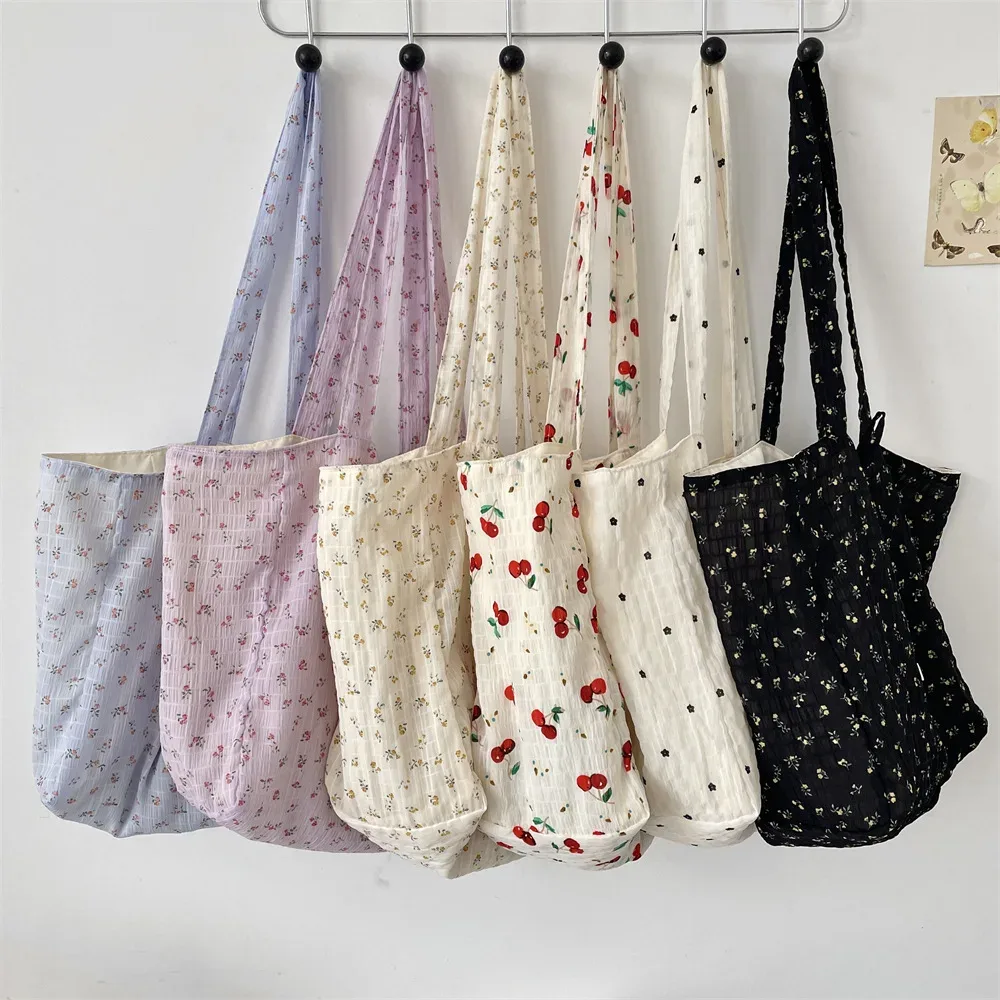 sac de shopping polyvalent pour femmes, sac à bandoulière simple en mousseline de soie imprimé floral frais et doux, fourre-tout de grande capacité pour classe d'étudiant