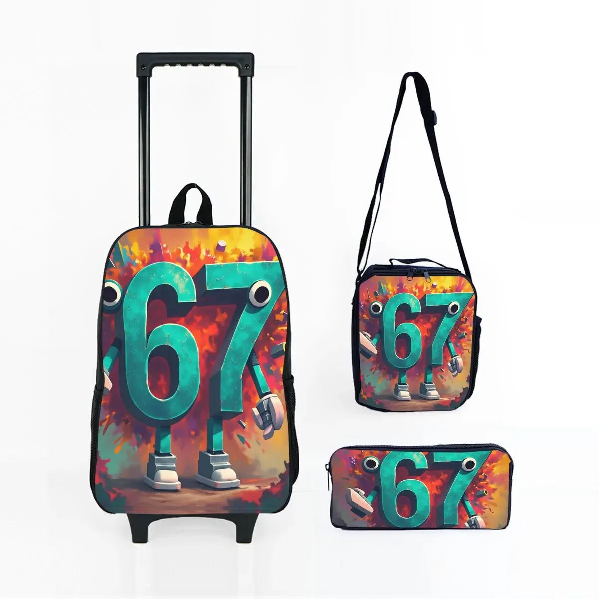 ensemble de sacs à roulettes noirs numéro 67 colorés, avec boîte à déjeuner, sac à stylos avec roulettes, sac à dos de chariot d'école pour filles/garçons