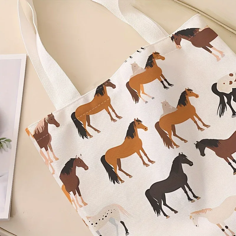 sac fourre-tout imprimé cheval en polyester, fourre-tout réutilisable à la mode avec impression alphabet, sac à main multifonctionnel pour sacs de courses