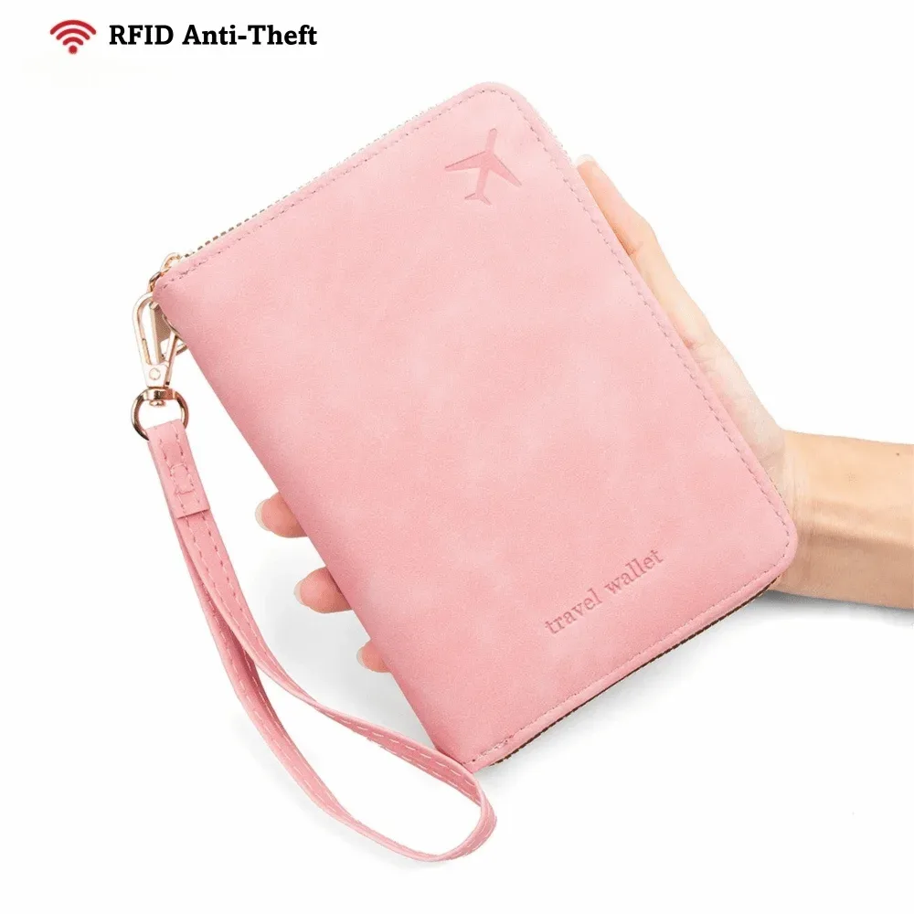 portefeuille de voyage multifonctionnel en pu avec protection rfid, couleur unie, anti-magnétique, fermeture éclair, sac de rangement pour documents, unisexe
