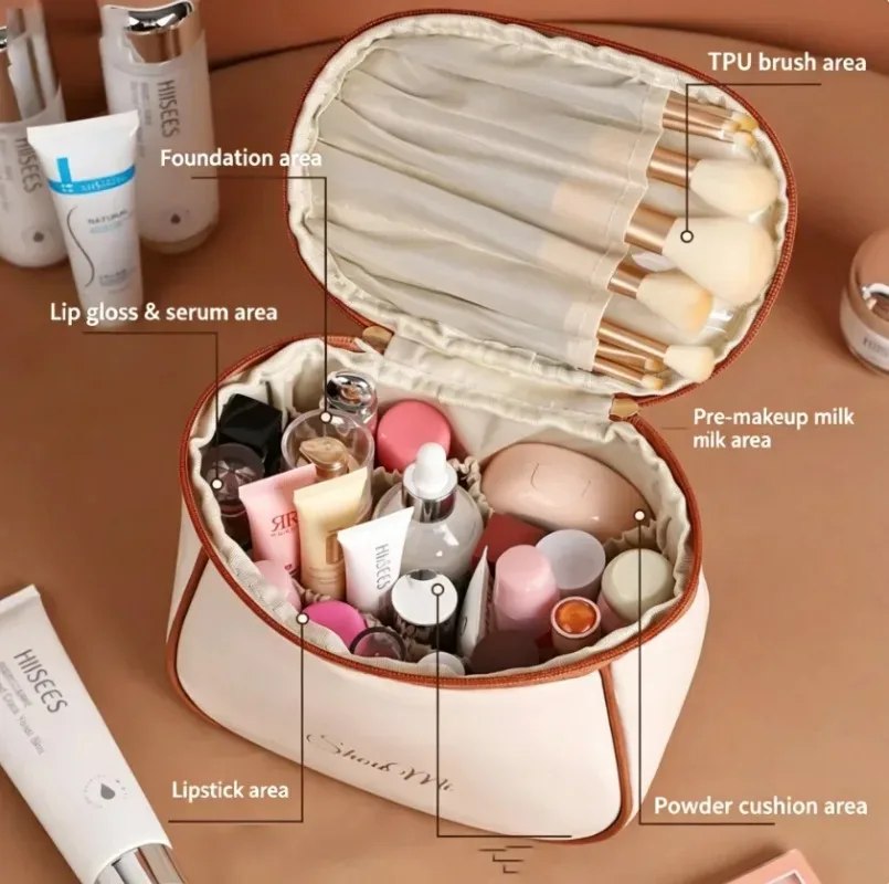 sac de maquillage de voyage de grande capacité, sac organisateur de cosmétiques portable en cuir pu, sac de toilette imperméable avec poignée, sac de rangement pour produits de soin de la peau