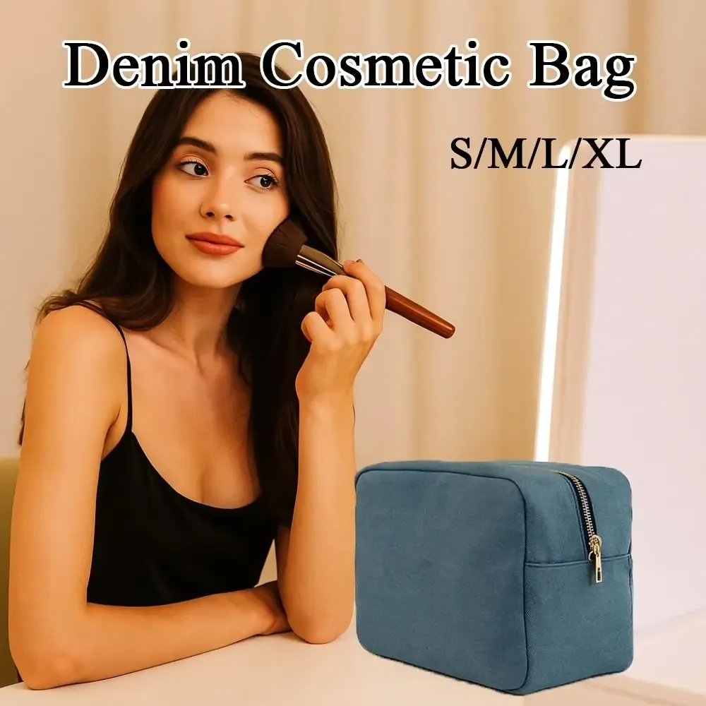 pochette cosmétique en denim bleu avec fermeture éclair, 4 tailles, sac de rangement vintage pour voyage, organisateur de papeterie de couleur unie, trousse de maquillage pour femmes