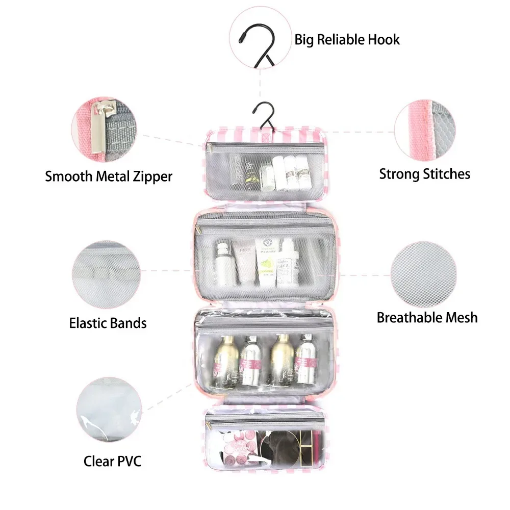 trousse de toilette rayée à 4 compartiments, pochette pliable rayée avec crochet | sacs de toilette de voyage pour armoire, placard, douche, valise