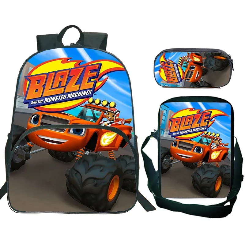 sac à dos blaze and the monster machines, 3 pièces, sac d'école pour enfants avec sacs à bandoulière, trousse à crayons, sac à dos blaze car pour garçons et filles