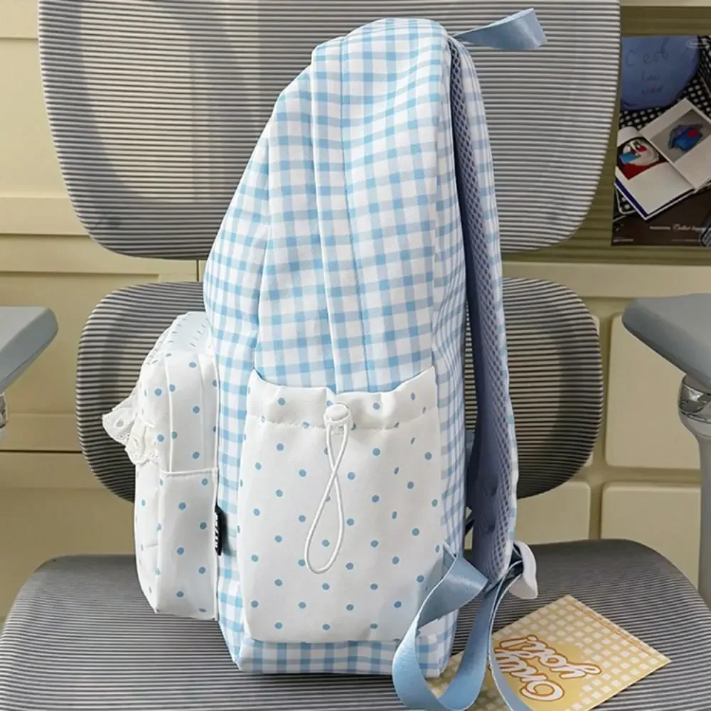 sac à dos y2k à pois, avec nœud et bordure en dentelle à carreaux, design à nœud, grande capacité, idéal pour les voyages.