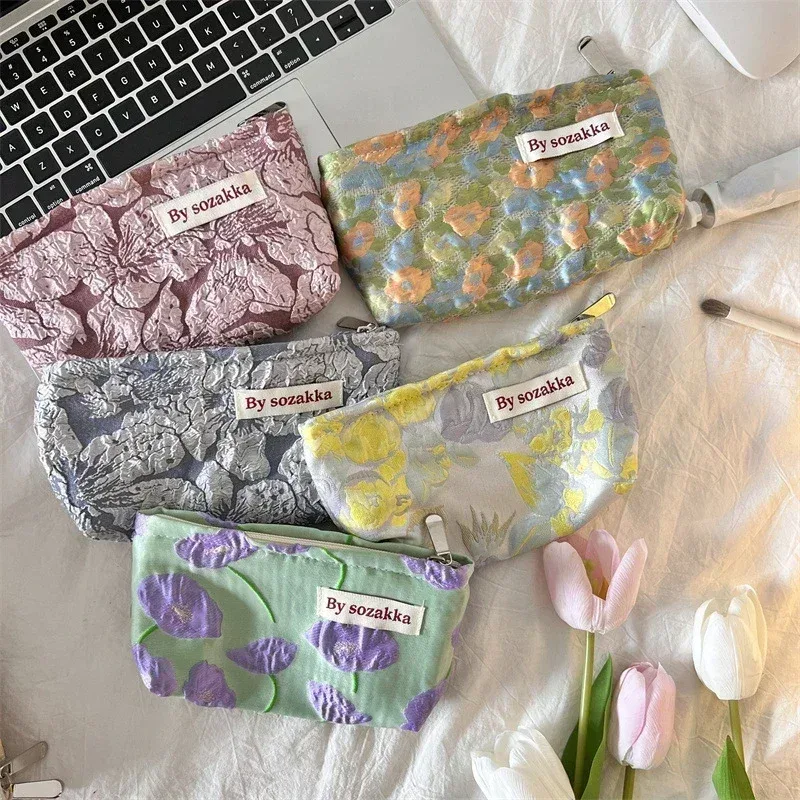 trousse de maquillage imprimée de fleurs 3d pour femmes, petit sac cosmétique, pinceaux de maquillage, rouge à lèvres, trousse de rangement mignonne, style coréen