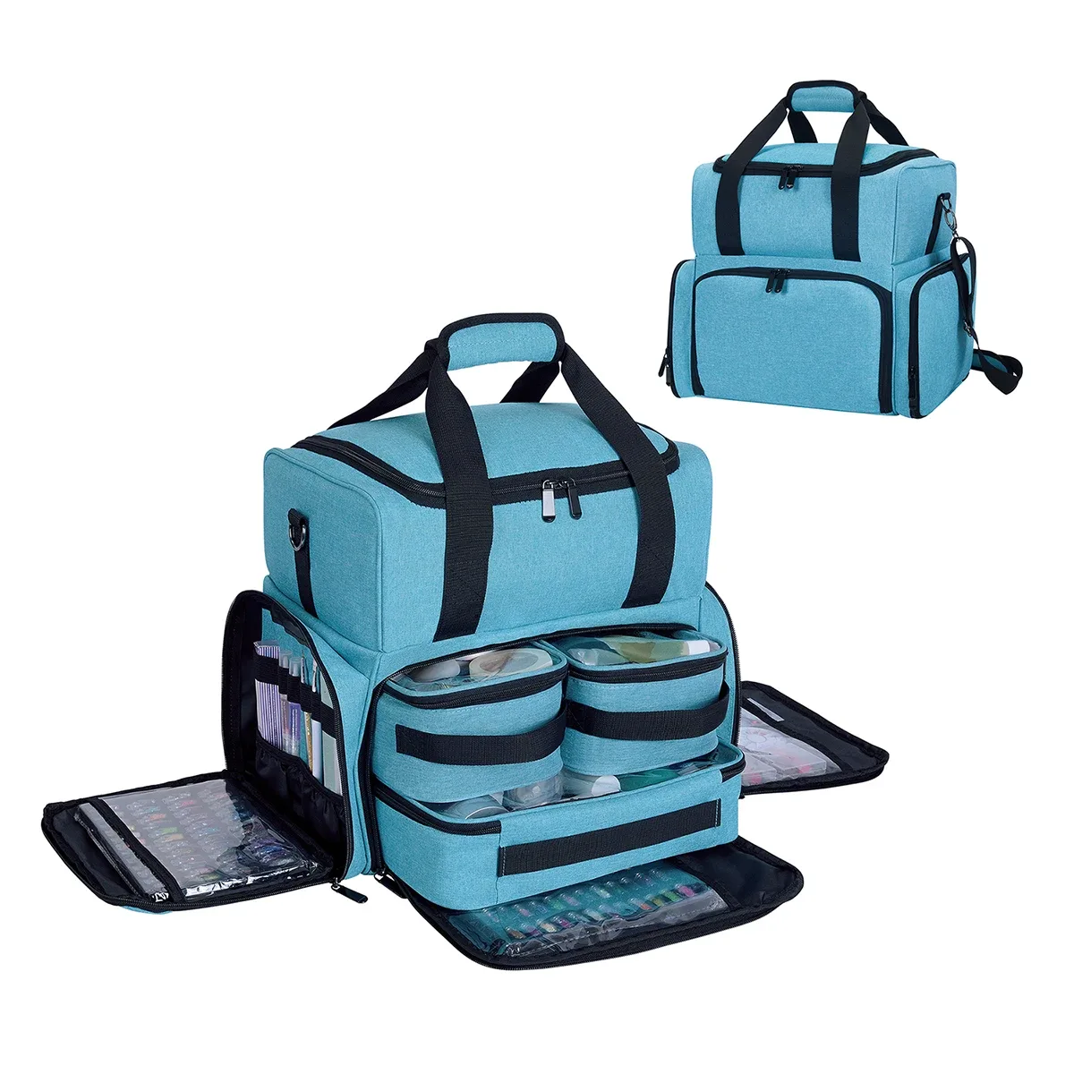 uozl trousse de maquillage double couche de grande capacité avec 3 pochettes amovibles et 2 compartiments amovibles avec bandoulière réglable