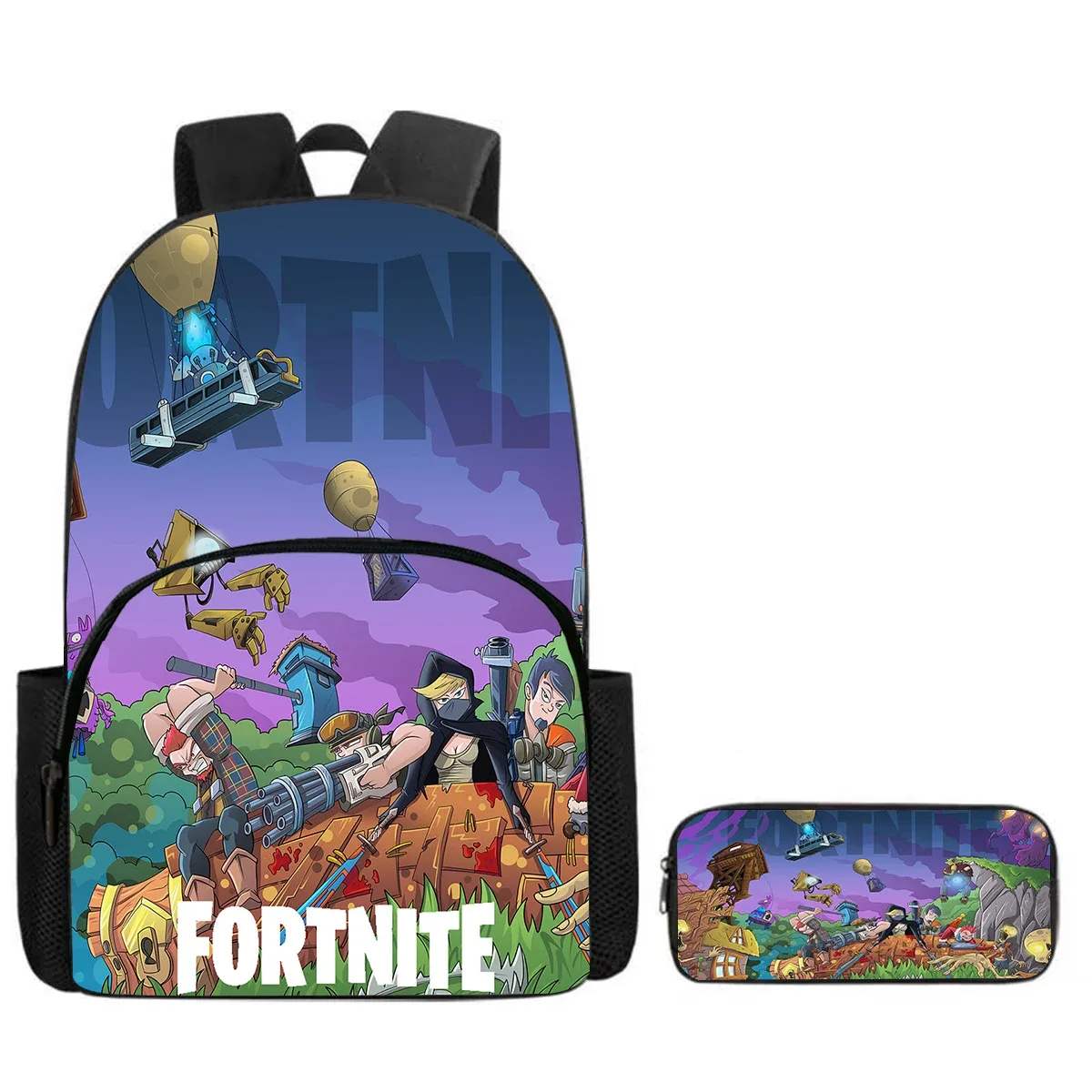 sac à dos de dessin animé fortnite avec poche avant et trousse à crayons 2 pièces - ensemble scolaire pour garçons et filles de 5 à 8 ans, cadeau de rentrée scolaire