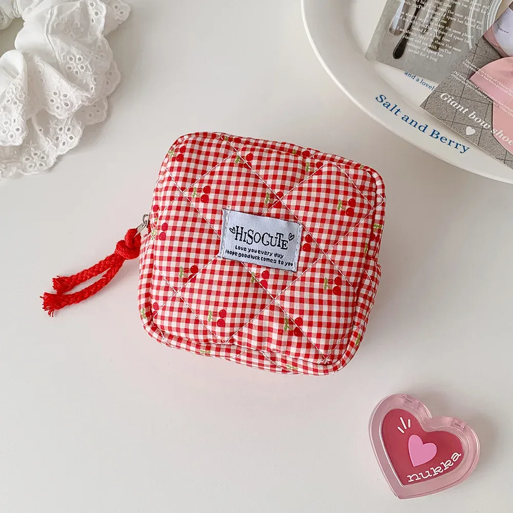 sac de maquillage carré ins fashion cherry, sac de toilette portable grande capacité pour filles, sac de rangement pour coton hygiénique, cadeaux pour femmes