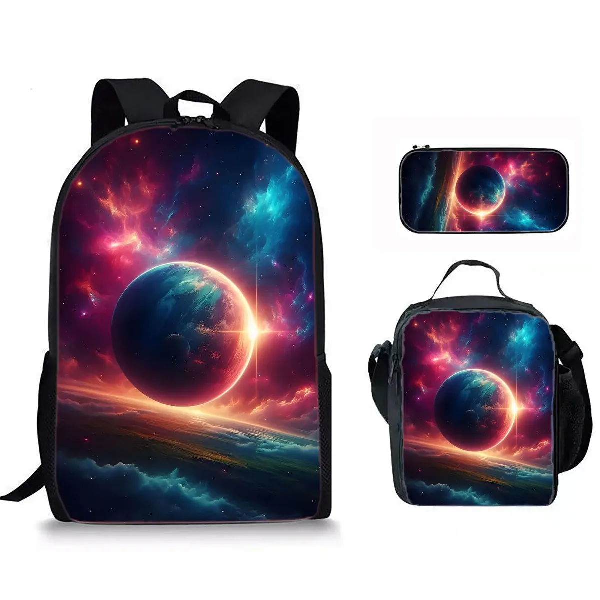 sacs de voyage pour étudiants, sac à dos pour ordinateur portable, sac à déjeuner, trousse à crayons, imprimé 3d hip hop youthful novelty space planet, 3 pièces/ensemble