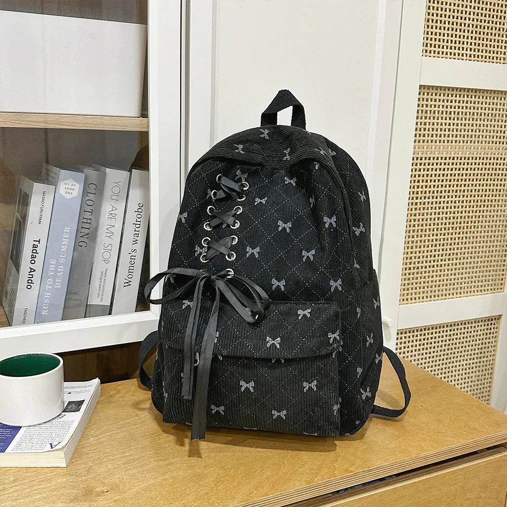sac à dos de loisirs en velours côtelé avec nœud, grande capacité, style universitaire, pour le printemps et l'été, idéal pour les trajets quotidiens