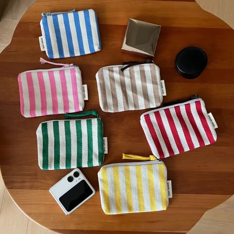 petite trousse de maquillage, mini sacs organisateurs en toile rayée pour femmes, étui à rouge à lèvres, trousse de maquillage, porte-monnaie mignon pour enfants