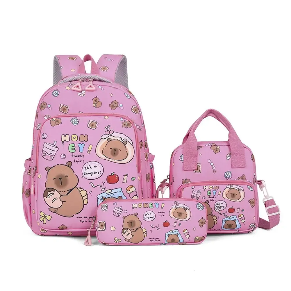3 pièces/ensemble kawaii capybara sac à dos grande capacité dessin animé adolescent mode nylon léger sac à dos ensemble