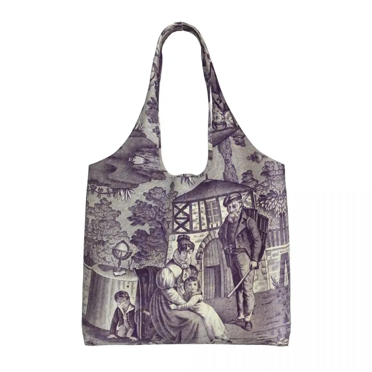 toile de jouy française classique vintage personnalisée, fourre-tout à motif bleu marine, fourre-tout de shopping en toile réutilisable, sac à bandoulière