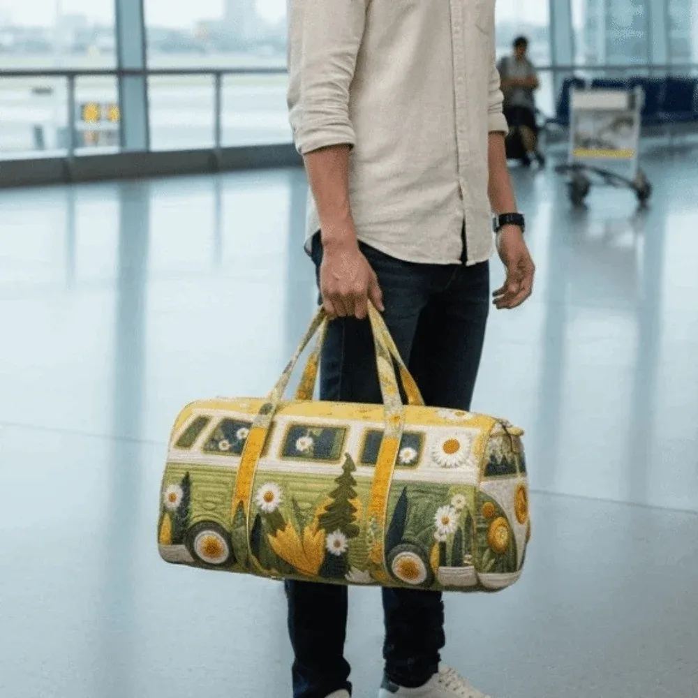sac de voyage matelassé grande capacité imprimé motif bus, en tissu doux et léger, avec fermeture éclair durable