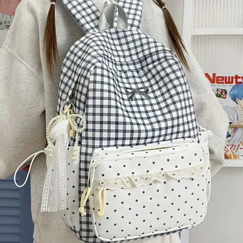 sac à dos tendance à pois, motif écossais et nœud, léger, idéal pour étudiants, cadeau