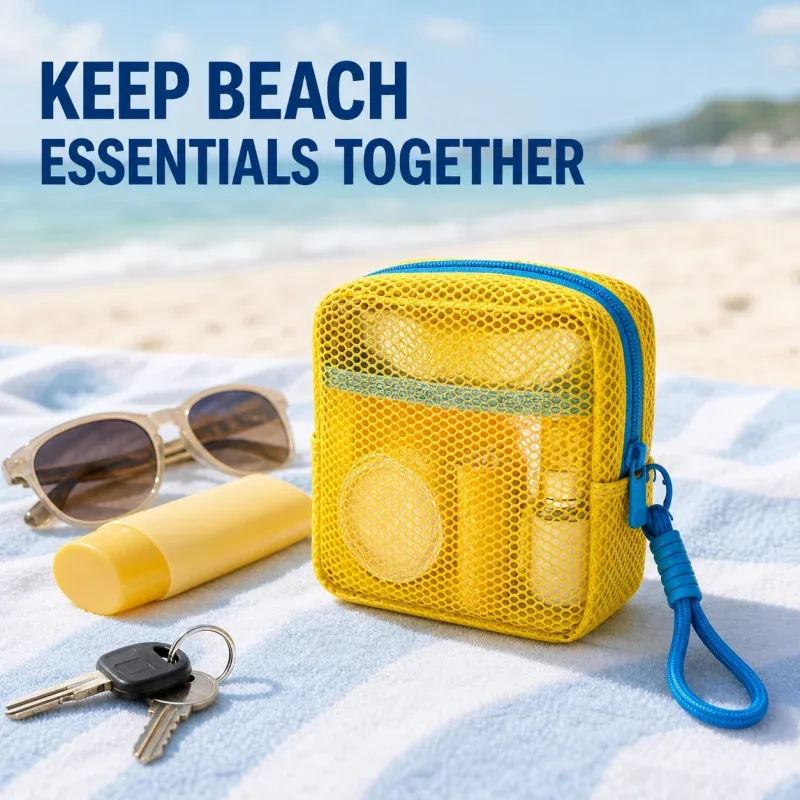 petite pochette de plage en maille transparente, trousse de toilette avec dragonne amovible, organiseur de voyage pour crème solaire, clés, câbles