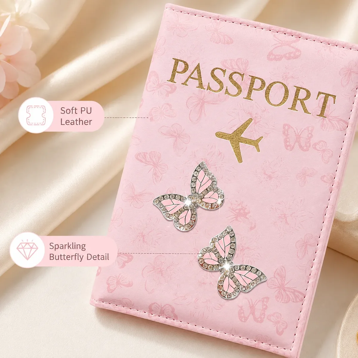 porte-passeport en cuir pu rose papillon, étui de voyage orné de strass avec emplacements pour cartes pour femme, cadeau idéal pour les vacances à l'aéroport