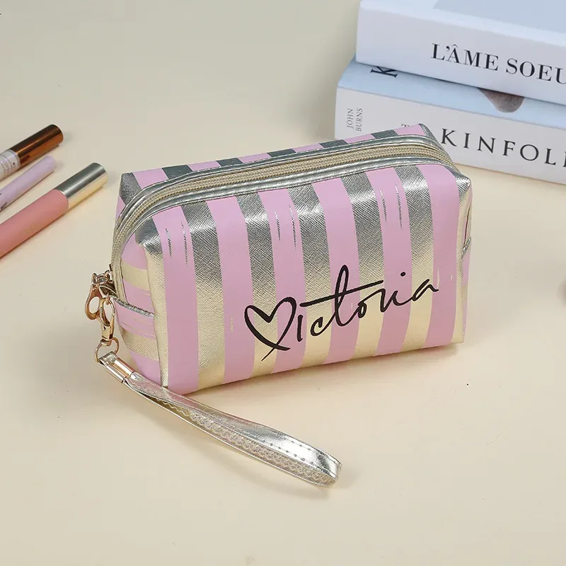sac à cosmétiques à la mode pour femmes, sac de maquillage portable rayé, coréen doux cool, sacs de rangement imperméables personnalisés