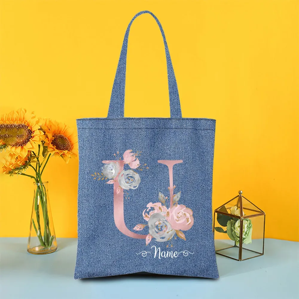 sac fourre-tout en denim personnalisé avec lettre avec nom, sac à main pour mariage, enterrement de vie de jeune fille, sacs de demoiselle d'honneur, sac à bandoulière de voyage, cadeau pour elle