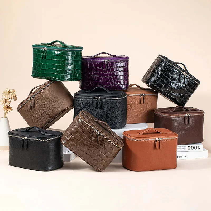 sac à cosmétiques de luxe haut de gamme en cuir de vachette de qualité supérieure, sac de rangement compartimenté de grande capacité, trousse de toilette portable pour femme
