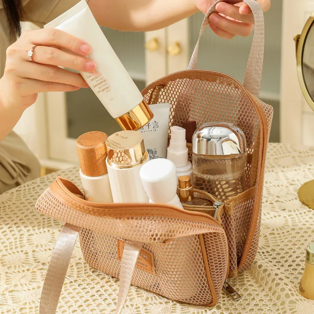 sac de rangement de maquillage fourre-tout transparent en maille simple, sac de toilette pour oreiller, sac de toilette pour cosmétiques, sac de rangement de voyage portable de grande capacité pour femmes