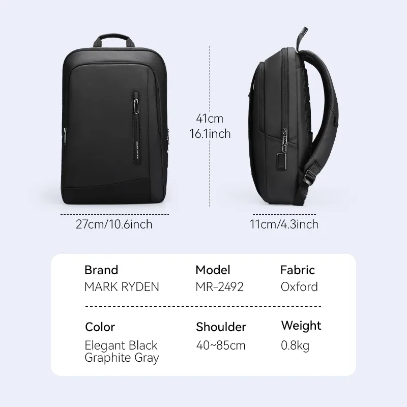 sac à dos pour ordinateur portable mark ryden ultra-fin multi-poches, sac à dos de cabine d'avion résistant à l'eau, sac de voyage d'affaires
