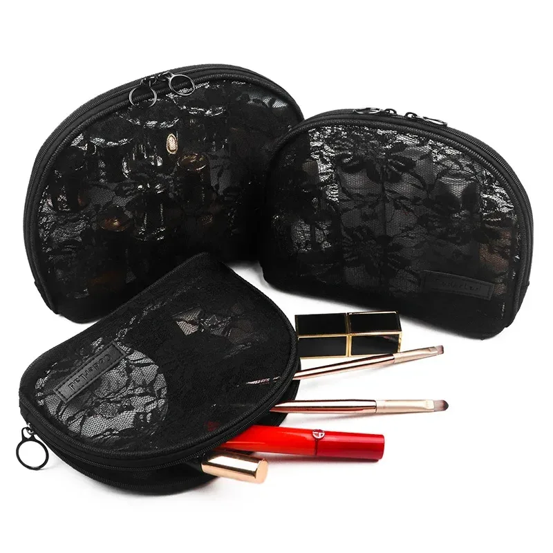 Trousse de maquillage en dentelle transparente portable, sac de rangement de taille moyenne pour articles de toilette, matériau en nylon de style japonais de la Chine continentale