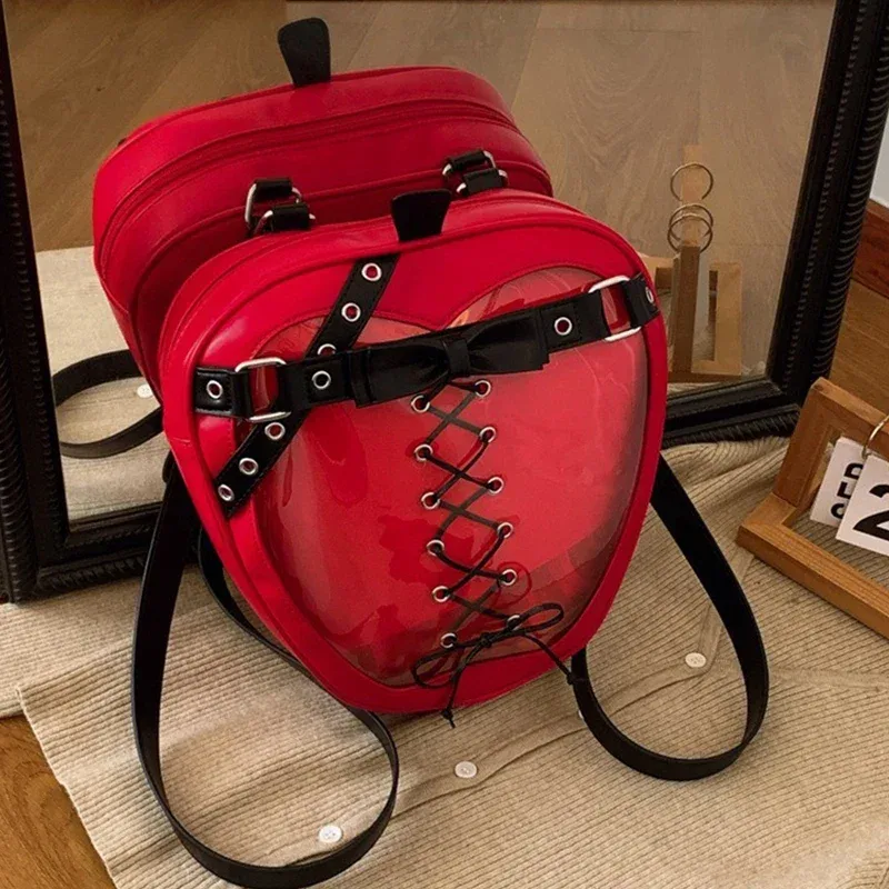 sac à dos ita bag en forme de pomme rouge, style gothique lolita, avec nœud et lacets croisés, fenêtre transparente pour présentation de poupées, sac à dos exquis pour filles