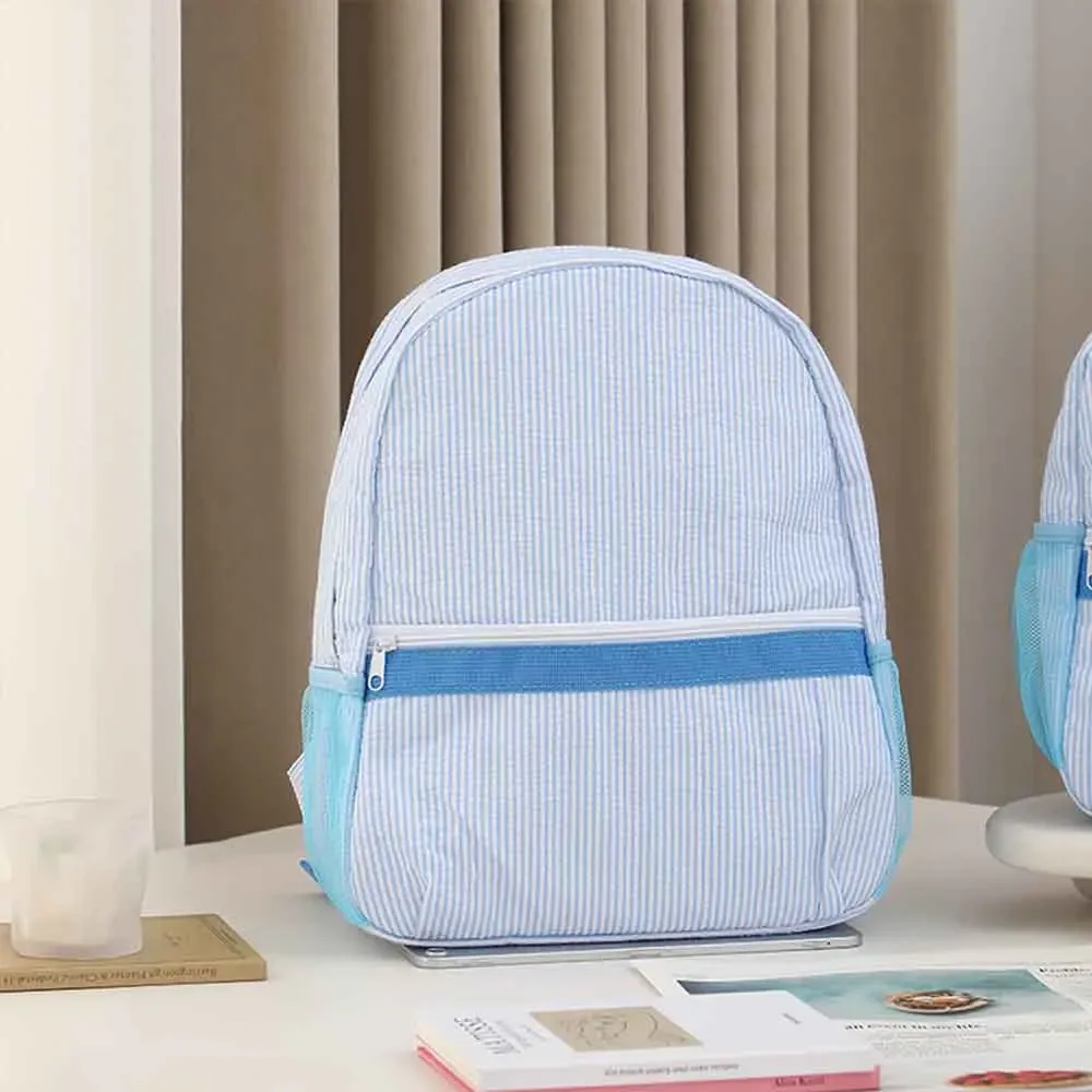 sac à dos en seersucker personnalisé avec monogramme couleur bonbon, sac à livres brodé pour enfants, cadeau unique pour les enfants