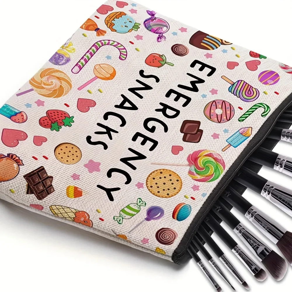 sac de maquillage pour collations d'urgence, conception amusante de friandises, pochette de voyage légère pour femmes, organisateur cosmétique compact, fermeture à glissière