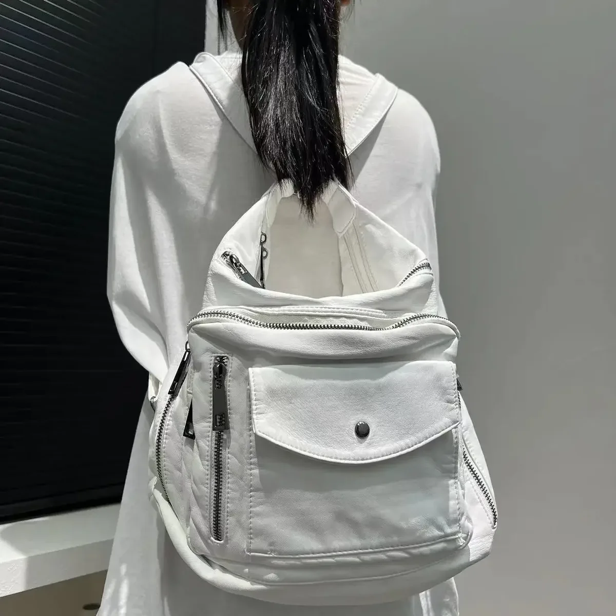 sac à dos rétro multi-poches pour femme, sac à bandoulière délavé, initié à la moto, grande capacité, mode