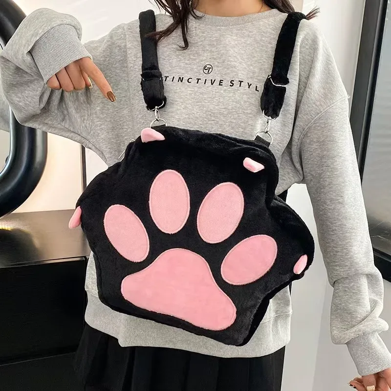 Sac à dos en peluche patte de chat mignon avec bretelles réglables, sac à main en fourrure douce, sac à dos de dessin animé JK pour filles et femmes