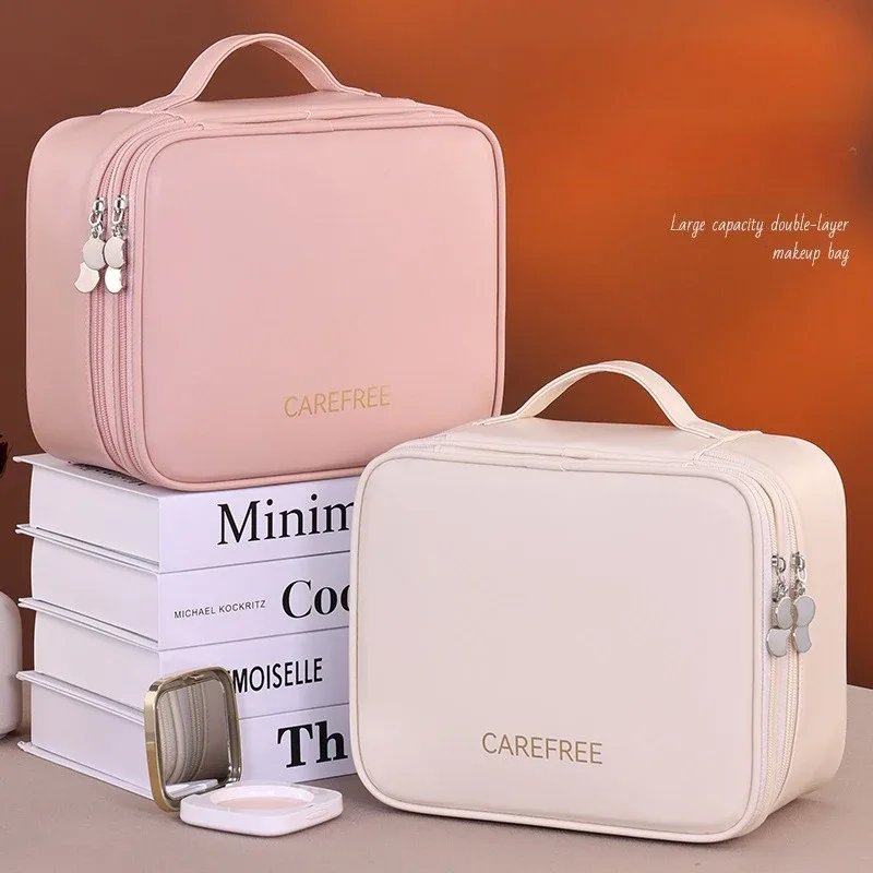 grande trousse de maquillage en cuir pu pour femmes, organisateur de cosmétiques à plusieurs compartiments, sac de rangement imperméable pour pinceaux de maquillage.