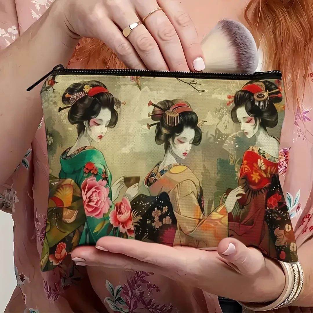 Sac de maquillage de style japonais rétro, pochette cosmétique avec motif floral traditionnel kimono, parfait pour les voyages, les activités professionnelles et les activités de plein air