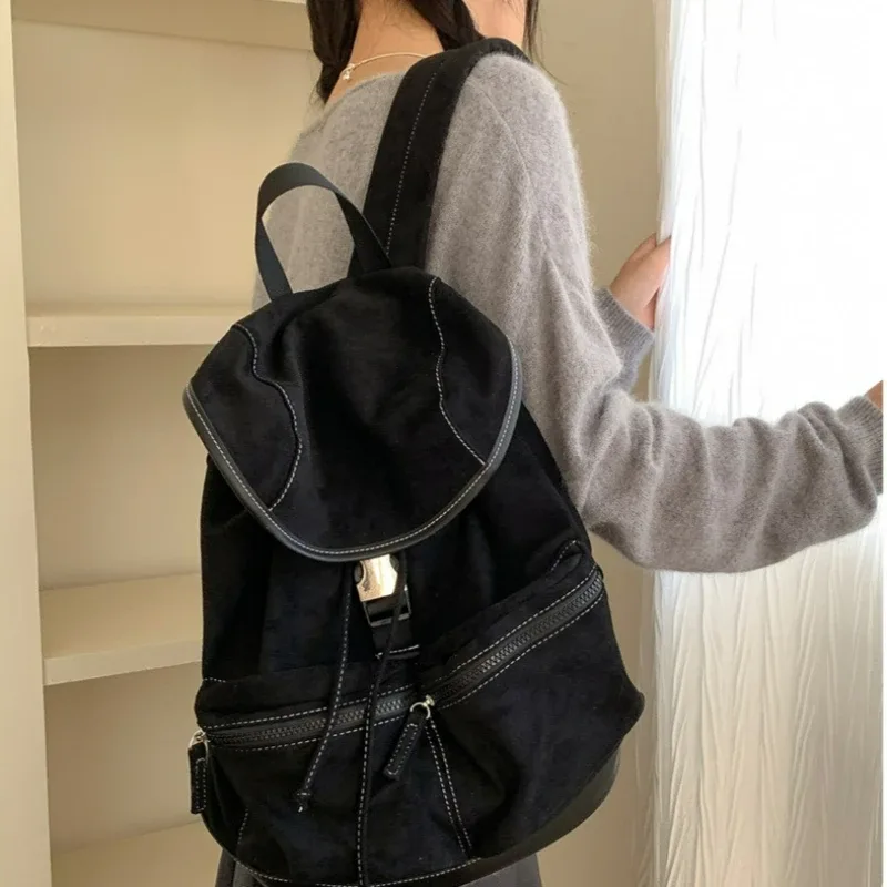 sac à dos à rabat avec cordon de serrage de style coréen, sac d'hiver vintage en daim de grande capacité à la mode, sac à bandoulière polyvalent pour voyage