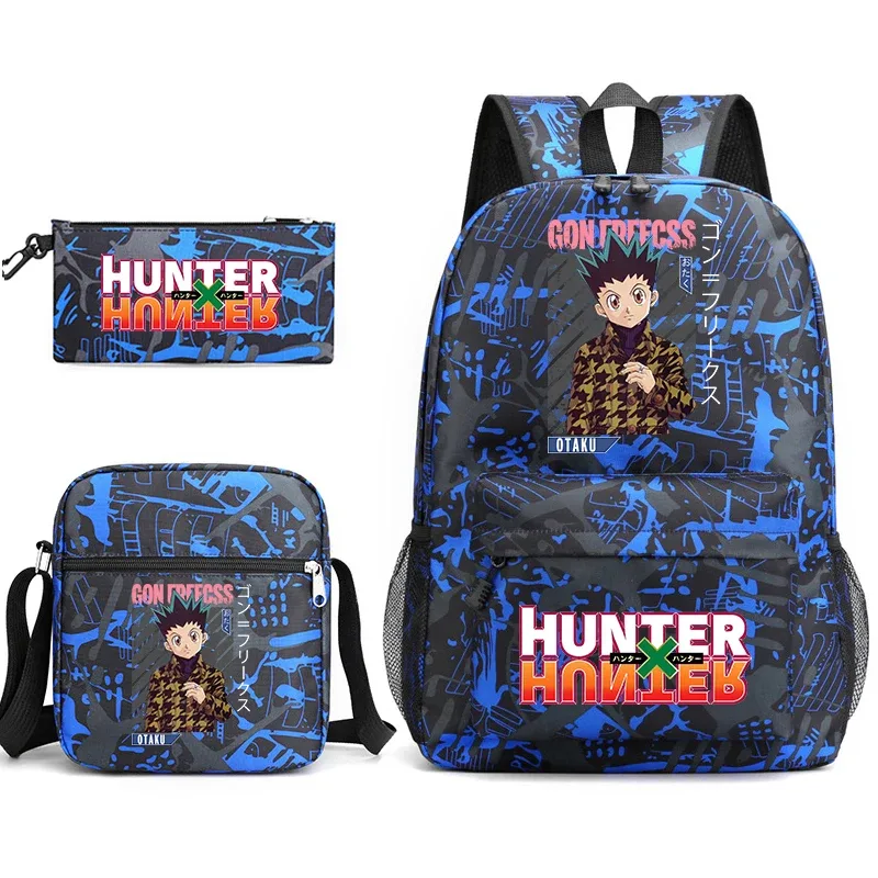 sac à dos d'étudiant imprimé hunter x hunter, sac à bandoulière décontracté, trousse à crayons, ensemble 3 en 1 pour garçons et filles, école