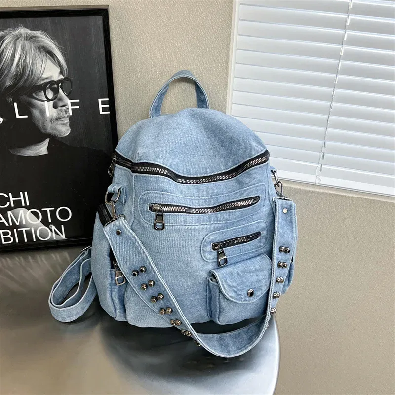 nouveau sac à dos en jean vintage 2026, sac moto multi-poches pour femme, sac à bandoulière au design original, sac d'école décontracté, sac à dos de voyage