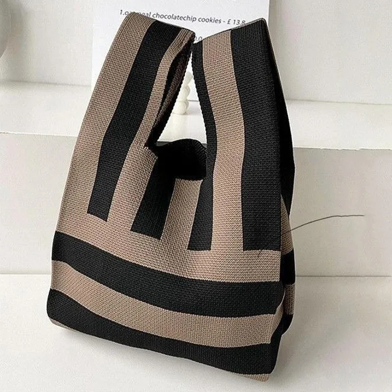 sac à main en tricot fait à la main pour femme, mini sac de poignet à nœud, sac fourre-tout à carreaux à large rayure, sacs à provisions réutilisables pour étudiants, document décontracté japonais