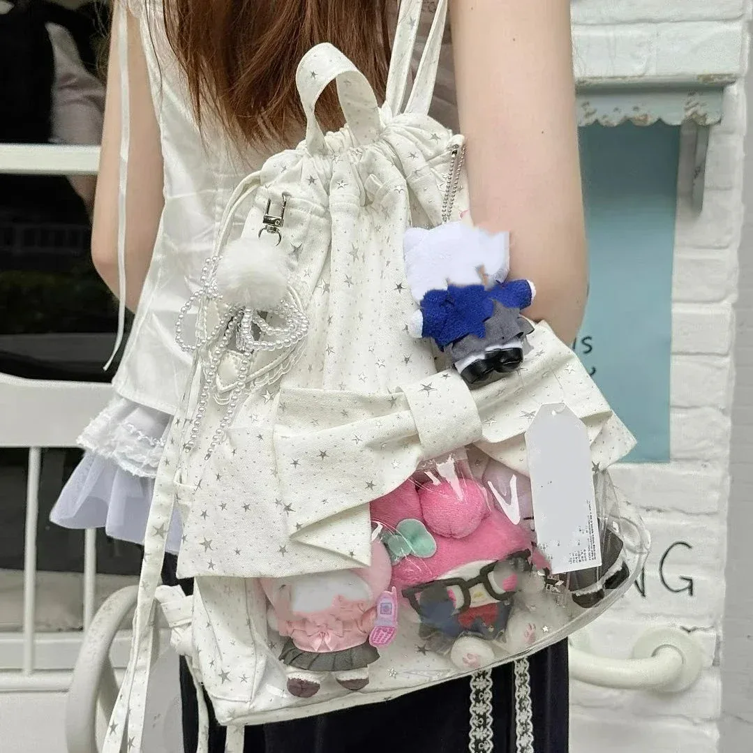nouveau sac à dos ita y2k avec nœud de ballet et cordon de serrage, sac à dos transparent pour fille mignon, grande capacité, sac à bandoulière à pois étoilés pour présentation de poupées diy