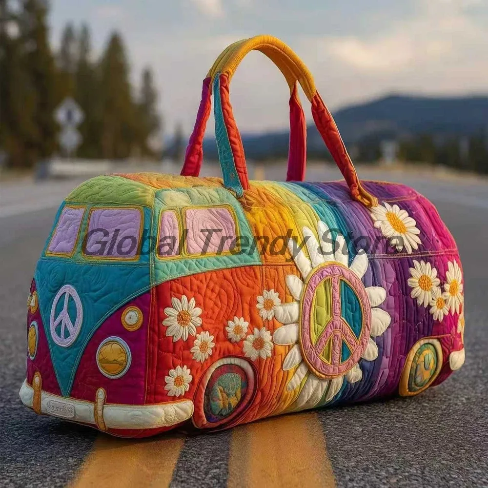 sac de voyage matelassé pour homme, motif floral et bus de la paix, sac fourre-tout décontracté pour femme, sac de week-end