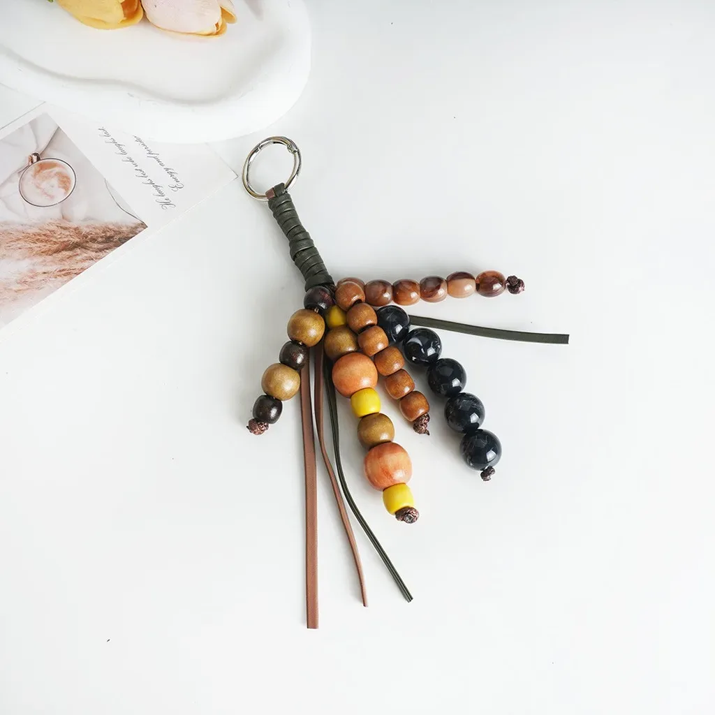 porte-clés vintage exquis en perles de bois naturel, pendentif de sac, breloque ethnique tissée à la main pour clés de maison, sac à dos, cadeau
