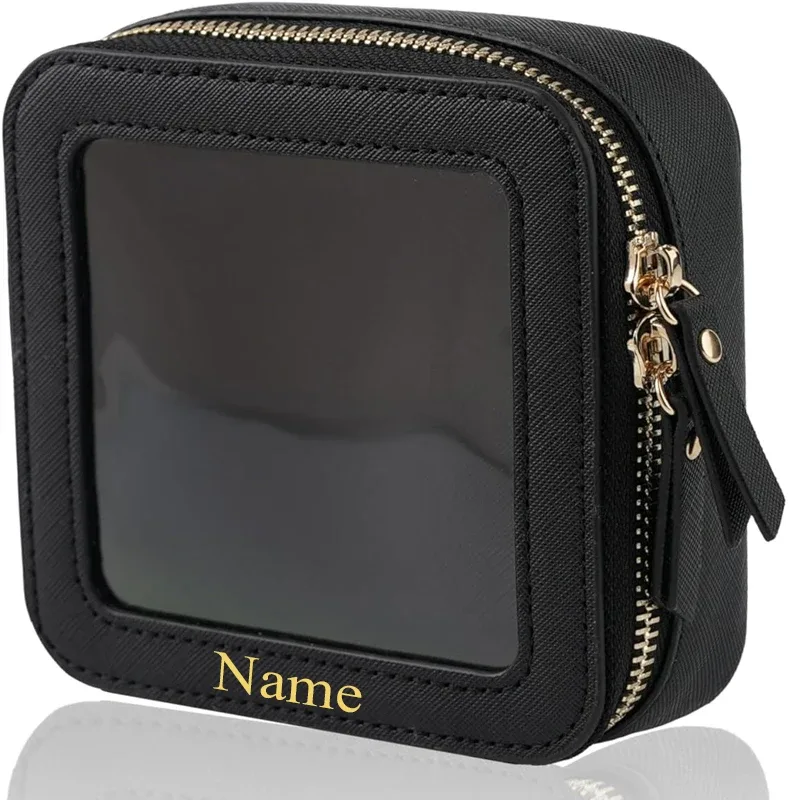 Mini trousse de maquillage en cuir Pu Saffiano, avec initiales de nom personnalisées gratuites, jolie petite fenêtre Visible, rangement de rouges à lèvres, étui à cosmétiques