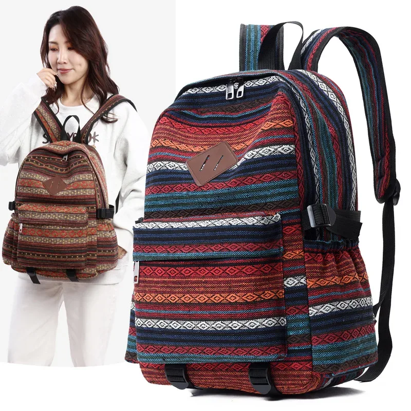 sac à dos de voyage décontracté en coton et lin, style ethnique, grande capacité, unisexe, pour loisirs en extérieur, résistant à l'usure, rayé